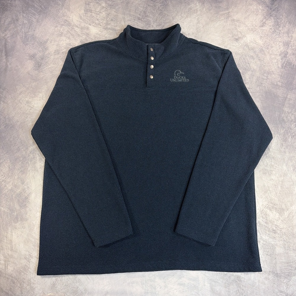 Ducks Unlimited Waffle Knit Pullover Mens XL Navy Blue Mock Neck Snap Button Tag